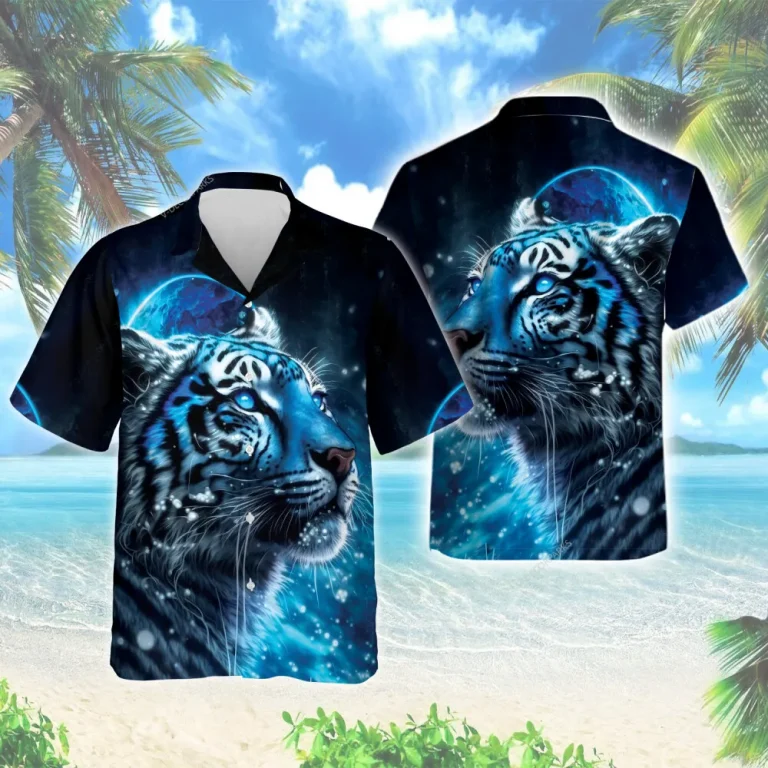Aesthetic Blue Tiger Men Hawaiian Shirt, Animal Lover Aloha Beach Button Down Shirts, Bright Moonlight Patterned Top, Nature Family Printed Clothing