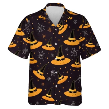 Orange And Black Witch Hat Pattern Men Hawaiian Shirt, Dark Halloween Night Aloha Beach Button Down Shirt, Spider Web Printed Clothing