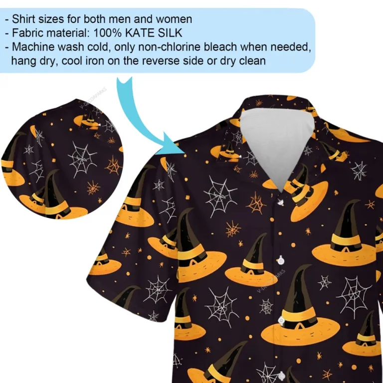 Orange And Black Witch Hat Pattern Men Hawaiian Shirt, Dark Halloween Night Aloha Beach Button Down Shirt, Spider Web Printed Clothing