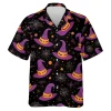 Floppy Witch Hat Men Hawaiian Shirt, Scary Spider Halloween Aloha Beach Button Down Shirt, Insect Web Patterned Clothing, Spooky Family Wear