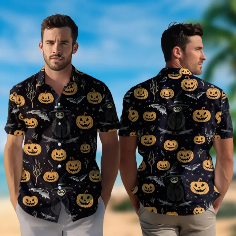 Fearsome Owl Unisex Hawaii Shirt, Halloween Night Aloha Shirts, Spooky Sculptured Pumpkin Lantern Printed Button Down Top, Family Clothing