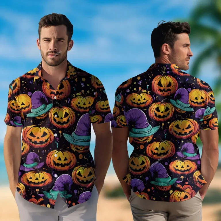 Villainous Pumpkin Wears Witch Hat Unisex Hawaiian Shirt ,signature Halloween Aloha Beach Button Down Shirt, V-neck Casual Clothing