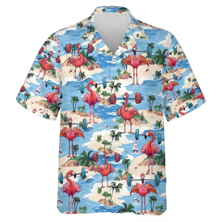 Workout Flamingo Men Hawaiian Shirt, Funny Animal Doing Weightlifting Aloha Beach Button Down Shirt, Tropical Sea Patterned Clothing