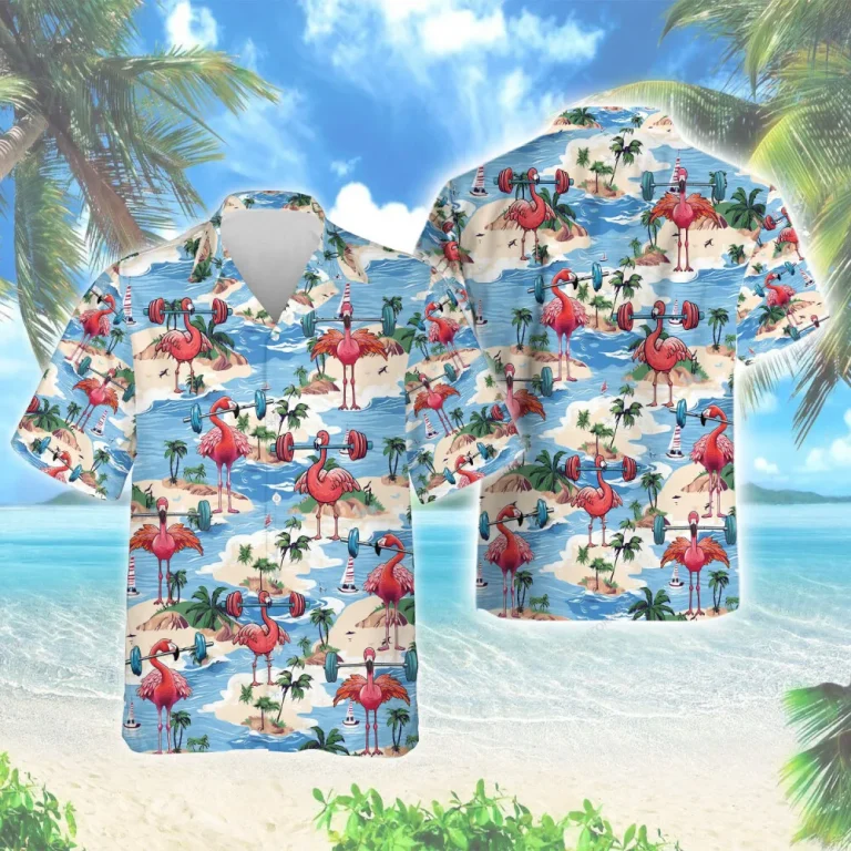 Workout Flamingo Men Hawaiian Shirt, Funny Animal Doing Weightlifting Aloha Beach Button Down Shirt, Tropical Sea Patterned Clothing