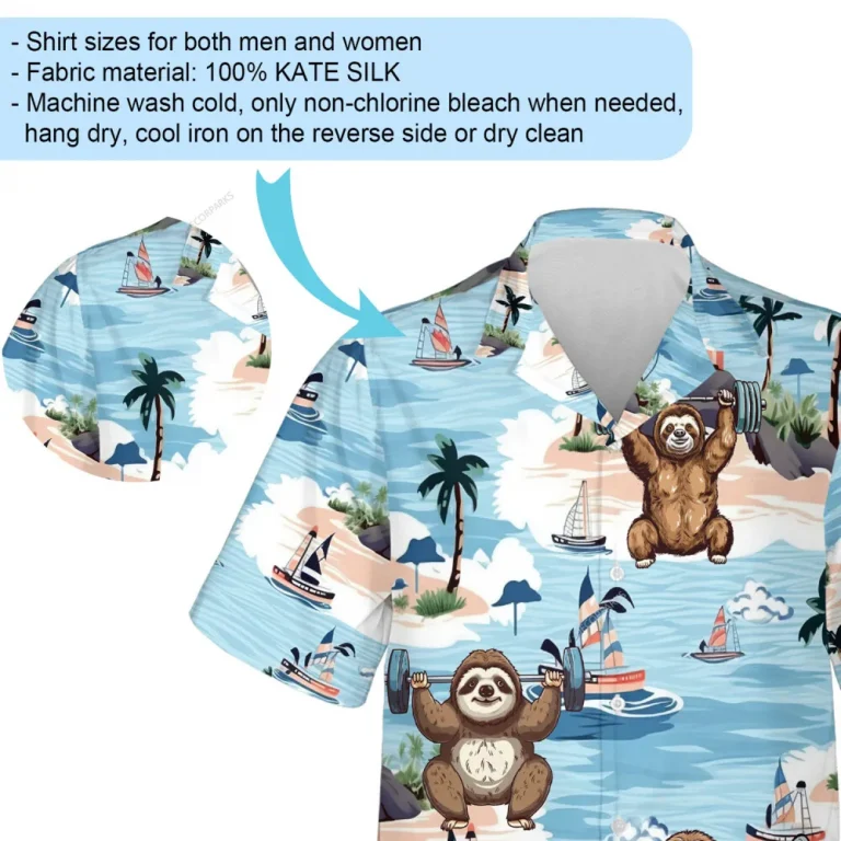 Sloth Doing Weightlifting Unisex Hawaii Shirt, Sloth Working Out Pattern Aloha Beach Shirt, Sailboat And Island Printed Clothing, Family Travel Wear