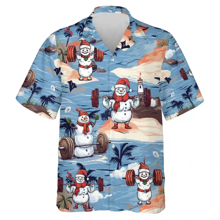 Muscular Snowman Men Hawaiian Shirt, Christmas Holiday Aloha Button Down Shirt, Isolated Antarctica Island Pattern Top, Family Trip Clothing