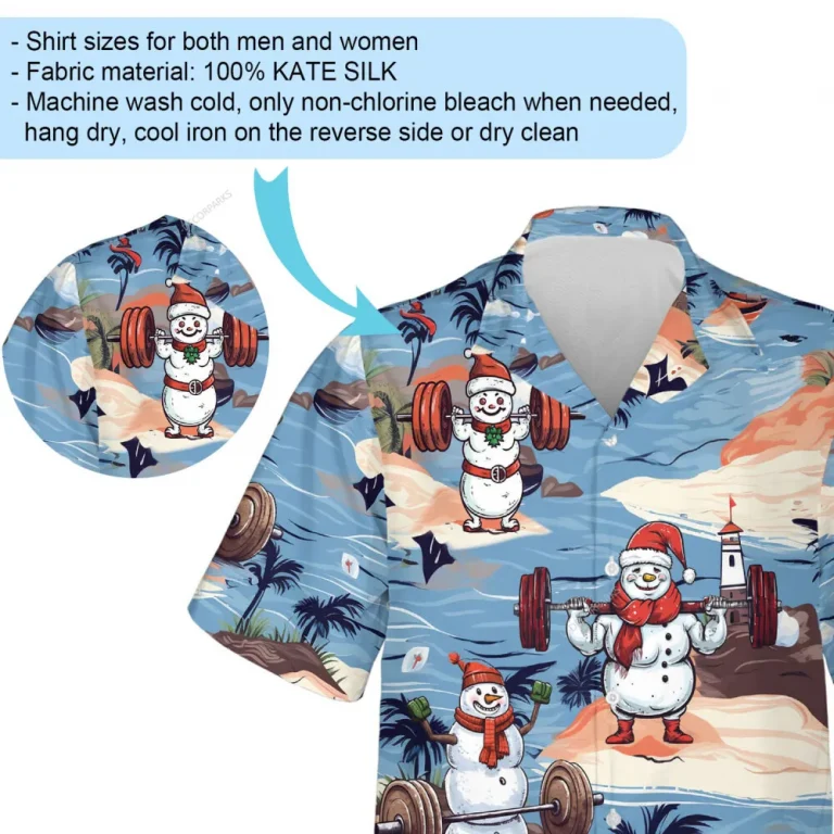 Muscular Snowman Men Hawaiian Shirt, Christmas Holiday Aloha Button Down Shirt, Isolated Antarctica Island Pattern Top, Family Trip Clothing