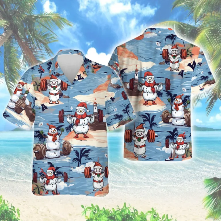 Muscular Snowman Men Hawaiian Shirt, Christmas Holiday Aloha Button Down Shirt, Isolated Antarctica Island Pattern Top, Family Trip Clothing