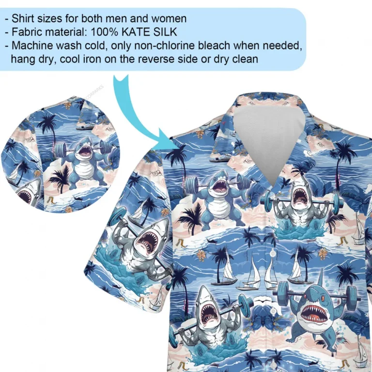 Vigorous Shark Men Hawaiian Shirt, Ocean Animal Working Out Aloha Beach Button Down Shirt, Weightlifting Lover Favorite Top, Sea Object Printed Wear