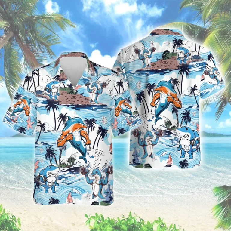 Athletic Dolphin Weightlifting Men Hawaiian Shirt, Gymnastic Animal Aloha Shirt, Palm Island Patterned Clothing, Sport Lover Gift