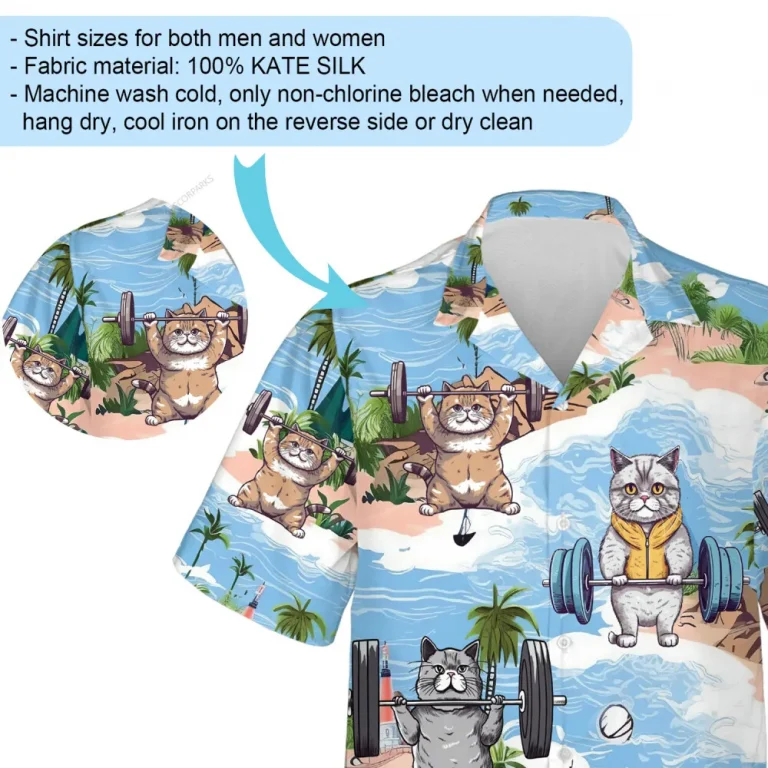 Fluffy Adorable Workout Cat Men Hawaiian Shirt, Cat Playing Sport Aloha Beach Button Down Shirt, Athlete Favorite Gift, Tropical Printed Clothing