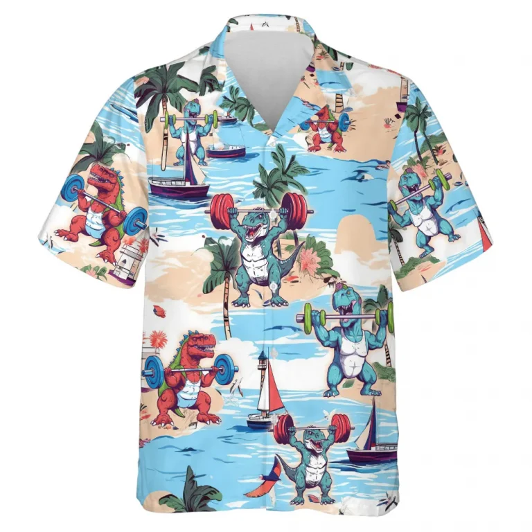 Great Dinosaur Weightlifting Hawaiian Shirt For All Ages, Tropical Dinosaur Aloha Beach Button Down Shirt, Dream Island Cute Top, Printed Clothing