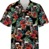 Red Wine Tropical Hawaiian Shirt For Men, Colorful Tropical Hibiscus Summer Beach Shirts, Mens Button Down Shirt Short Sleeve, Gift For Wine Lovers