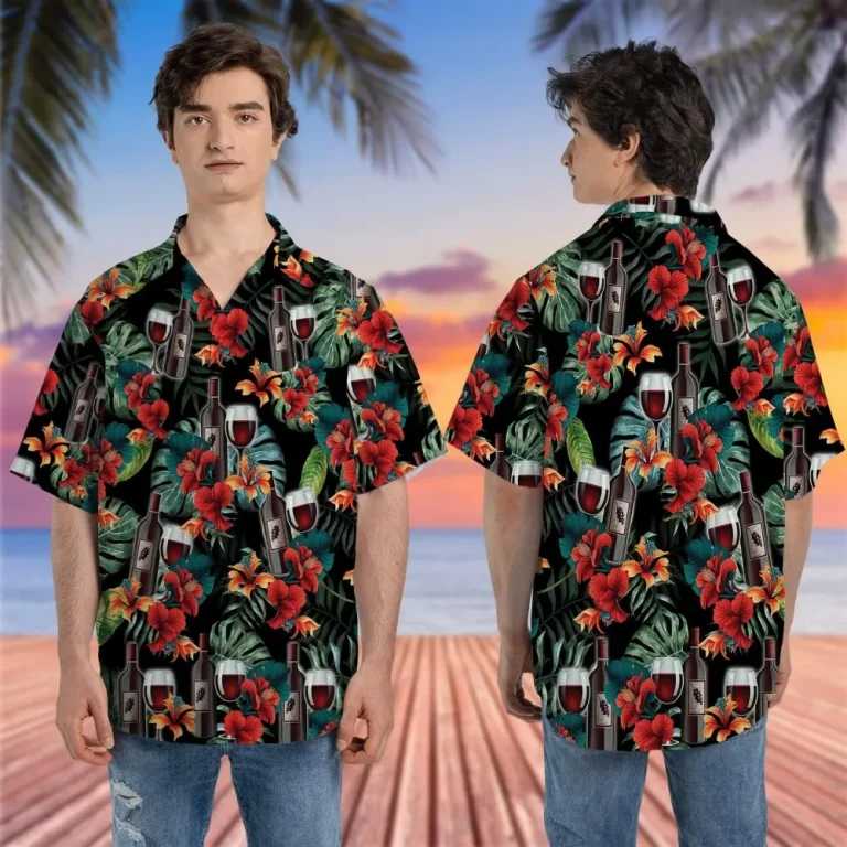 Red Wine Tropical Hawaiian Shirt For Men, Colorful Tropical Hibiscus Summer Beach Shirts, Mens Button Down Shirt Short Sleeve, Gift For Wine Lovers