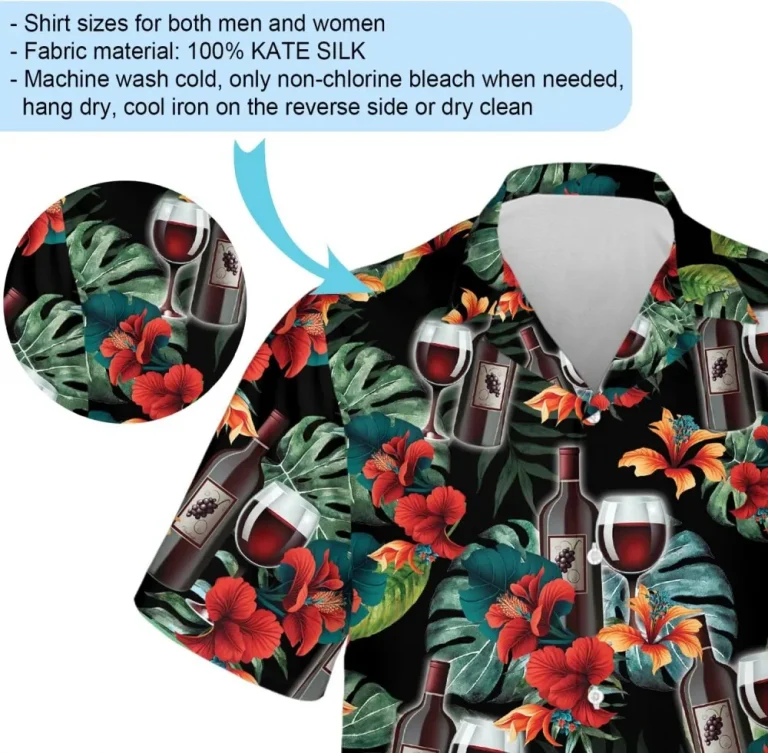 Red Wine Tropical Hawaiian Shirt For Men, Colorful Tropical Hibiscus Summer Beach Shirts, Mens Button Down Shirt Short Sleeve, Gift For Wine Lovers