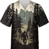Walking Bigfoot Hawaiian Shirts For Men, Sasquatch Hawaiian Shirts, Bigfoot Summer Shirts, Mysterious Forest Night Button Down Shirts Short Sleeve