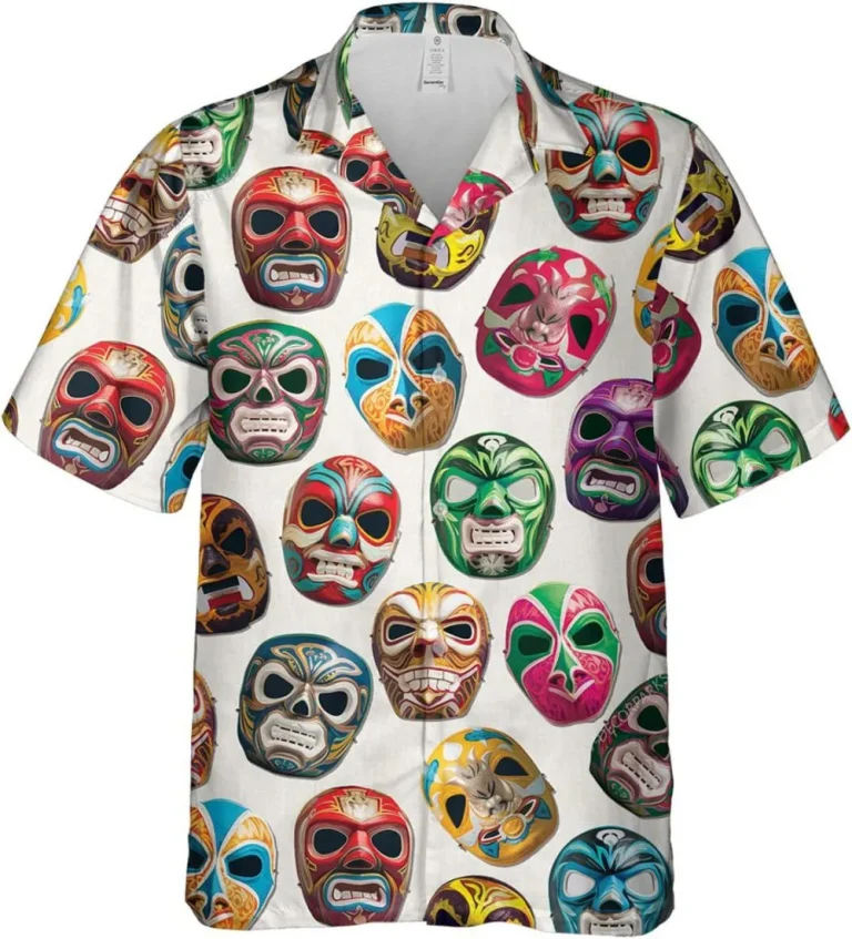 Lucha Libre Masks Hawaiian Shirts For Men, Lucha Wrestling Casual Button Down Shirt, Vintage Hawaii Beach Shirt, Short Sleeve Aloha Shirt