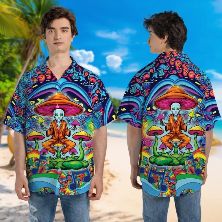 Alien Psilocybe Garden Unisex Hawaiian Shirts, Psychedelic Button Down Shirt, Ufo Pattern Shirt, Funny Printed Clothing, Casual Shirt