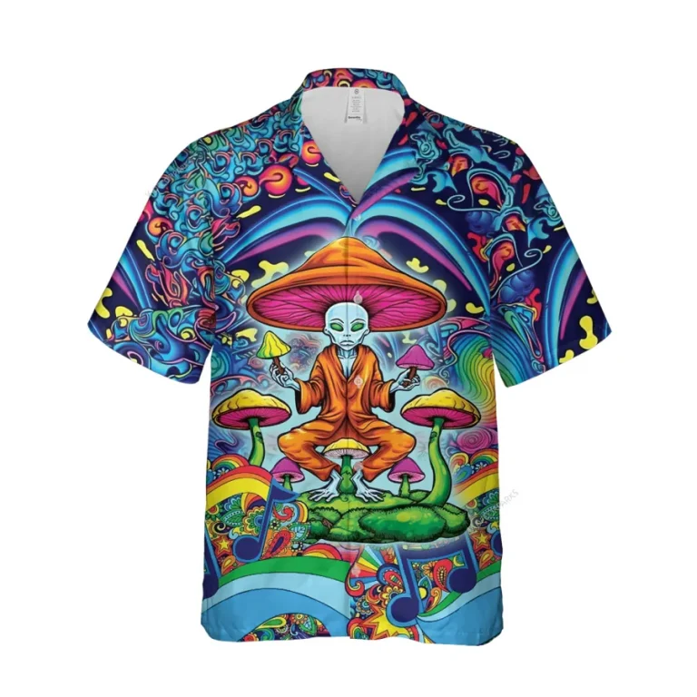 Alien Psilocybe Garden Unisex Hawaiian Shirts, Psychedelic Button Down Shirt, Ufo Pattern Shirt, Funny Printed Clothing, Casual Shirt