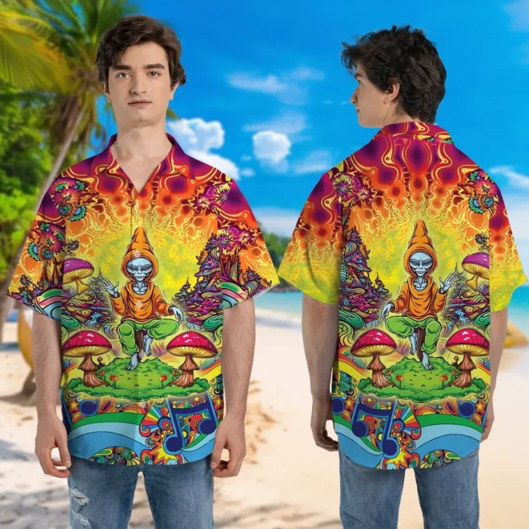 Alien Meditation Unisex Hawaiian Shirts, Psychedelic Button Down Shirt, Mushroom Pattern Shirt, Funny Printed Clothing, Casual Beach Shirt