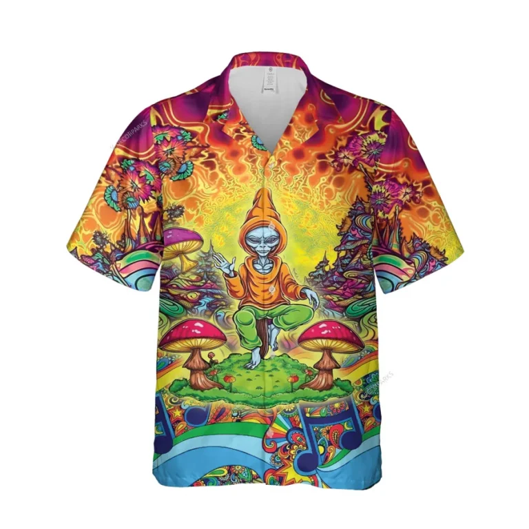 Alien Meditation Unisex Hawaiian Shirts, Psychedelic Button Down Shirt, Mushroom Pattern Shirt, Funny Printed Clothing, Casual Beach Shirt