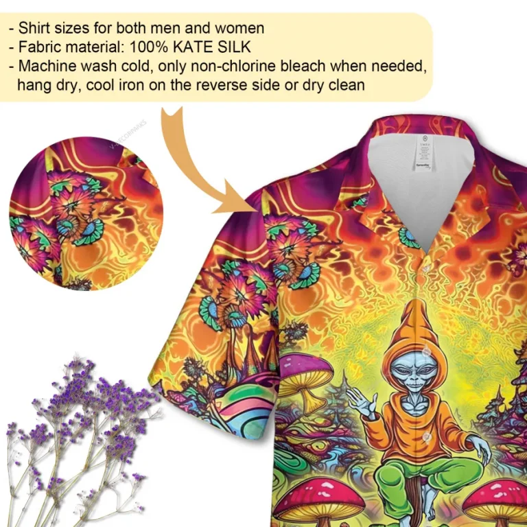 Alien Meditation Unisex Hawaiian Shirts, Psychedelic Button Down Shirt, Mushroom Pattern Shirt, Funny Printed Clothing, Casual Beach Shirt