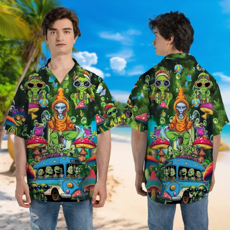 Hippie Alien Unisex Hawaiian Shirt, Psychedelic Tripping Printed Aloha Button Down Shirt,bus Pattern Shirt, Funky Clothing, Summer Shirt