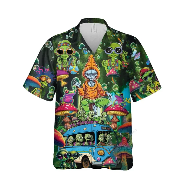 Hippie Alien Unisex Hawaiian Shirt, Psychedelic Tripping Printed Aloha Button Down Shirt,bus Pattern Shirt, Funky Clothing, Summer Shirt