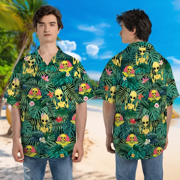 Cute Alien Friends Unisex Hawaiian Shirt, Ufo Printed Aloha Button Down Shirt, Tropical Pattern Shirt, Funny Beach Clothing, Summer Shirt
