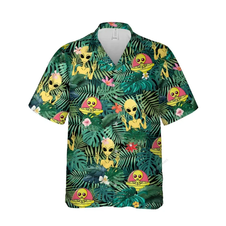 Cute Alien Friends Unisex Hawaiian Shirt, Ufo Printed Aloha Button Down Shirt, Tropical Pattern Shirt, Funny Beach Clothing, Summer Shirt