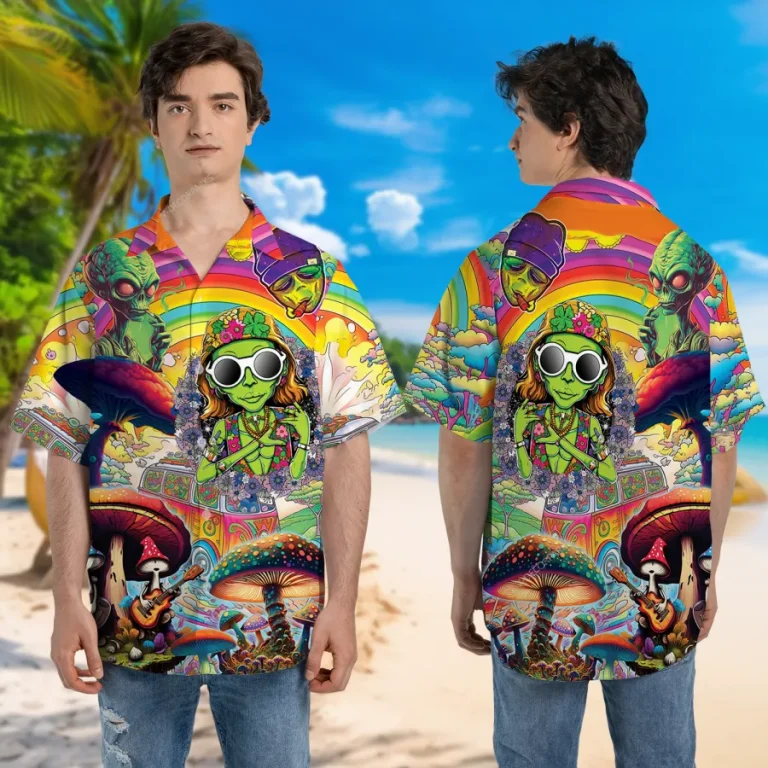 Funky Alien Mushroom Unisex Hawaiian Shirt, Psychedelic Printed Aloha Button Down Shirt, Meditation Pattern Shirt, Funny Clothing, Colorful Shirt