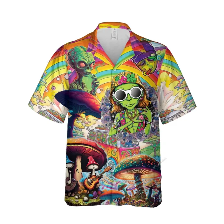 Funky Alien Mushroom Unisex Hawaiian Shirt, Psychedelic Printed Aloha Button Down Shirt, Meditation Pattern Shirt, Funny Clothing, Colorful Shirt