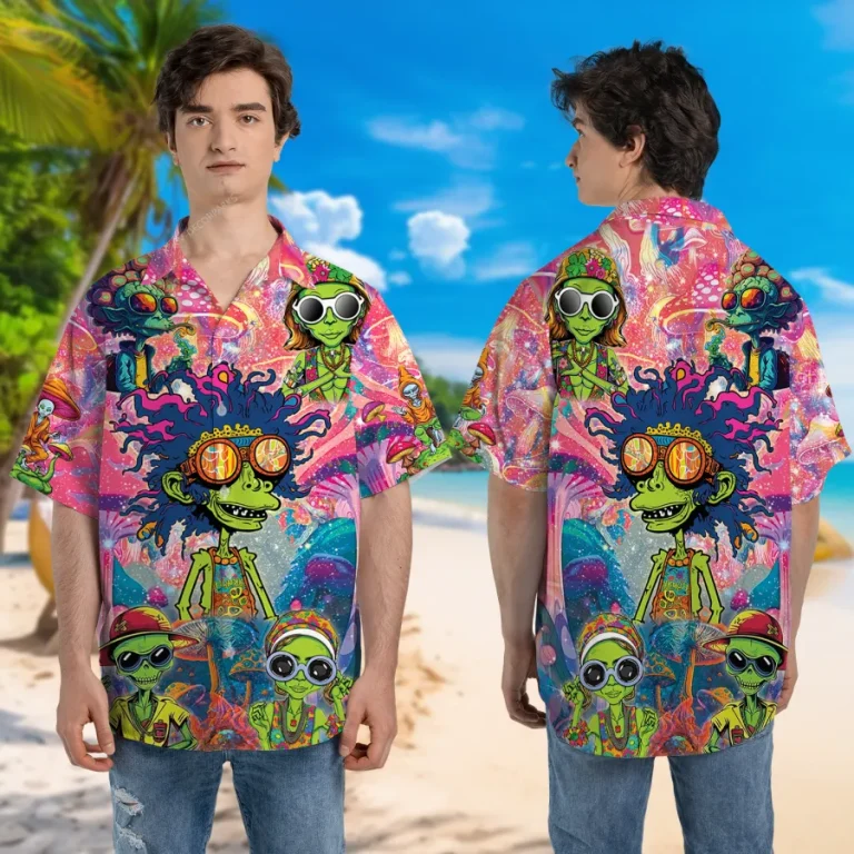 Funky Psychedelic Space Unisex Hawaiian Shirt, Alien Printed Aloha Beach Shirt, Meditation Pattern Shirt, Button Down Short Sleeve Shirt