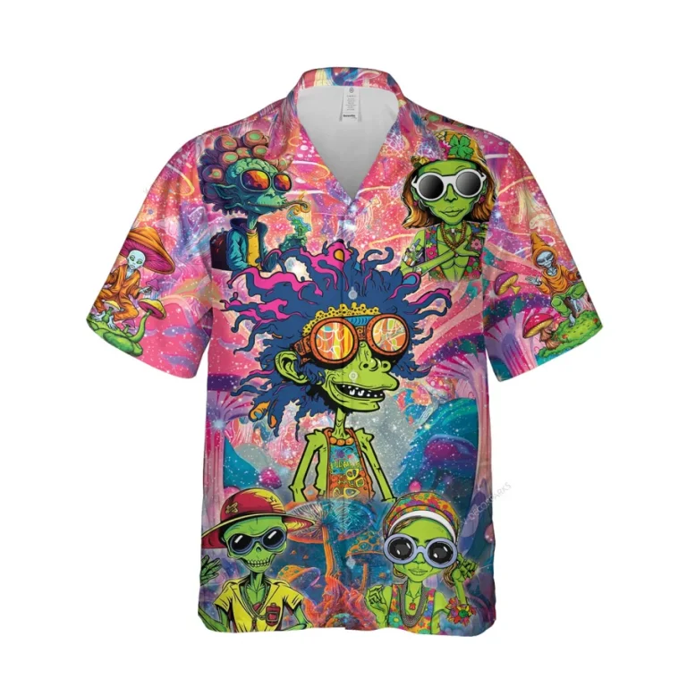 Funky Psychedelic Space Unisex Hawaiian Shirt, Alien Printed Aloha Beach Shirt, Meditation Pattern Shirt, Button Down Short Sleeve Shirt