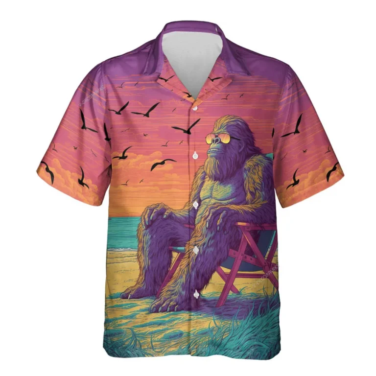 Bigfoot Resting Unisex Hawaiian Shirts, Sunset Pattern Shirt, Beach 3d Printed Aloha Shirt, Thankful Gift, Funny Summer Shirt, Casual Clothing