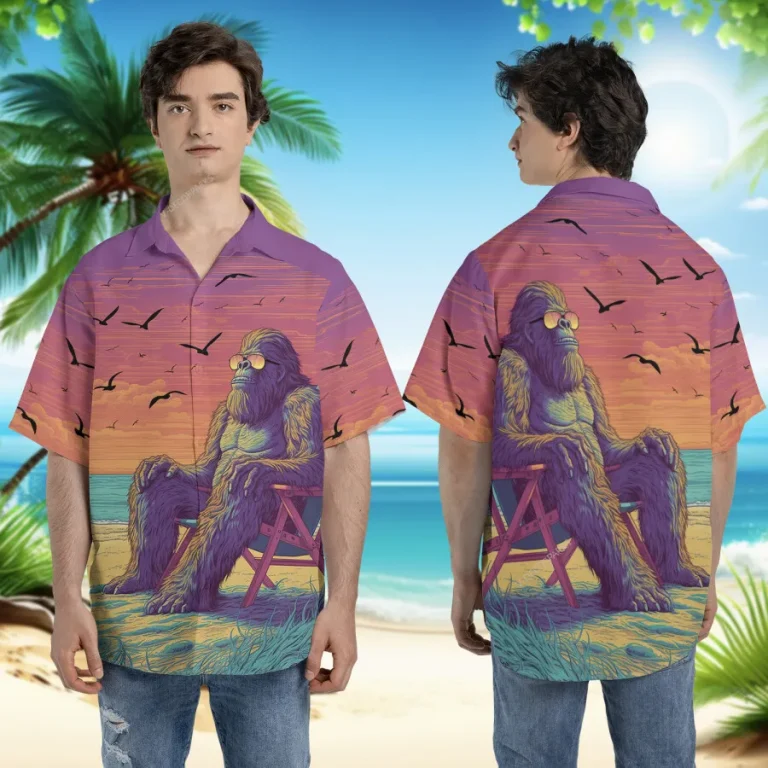 Bigfoot Resting Unisex Hawaiian Shirts, Sunset Pattern Shirt, Beach 3d Printed Aloha Shirt, Thankful Gift, Funny Summer Shirt, Casual Clothing