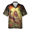 Bigfoot Unisex Hawaiian Shirts, Tropical Forest Flag Pattern Shirt, Pine Tree Printed Aloha Shirt, Casual Beach Shirt, Funny Sasquatch Shirt