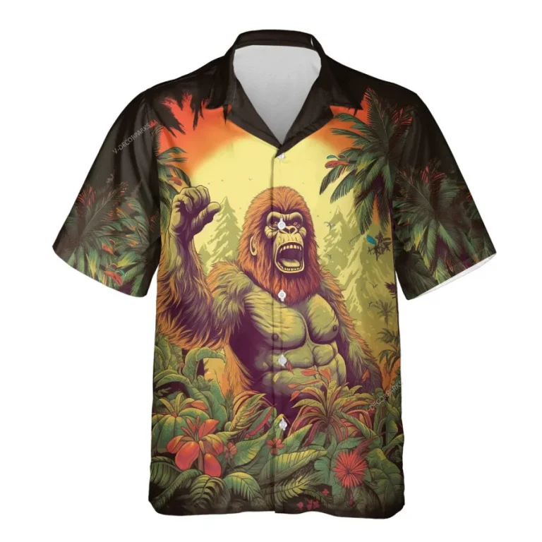 Bigfoot Unisex Hawaiian Shirts, Tropical Forest Flag Pattern Shirt, Pine Tree Printed Aloha Shirt, Casual Beach Shirt, Funny Sasquatch Shirt