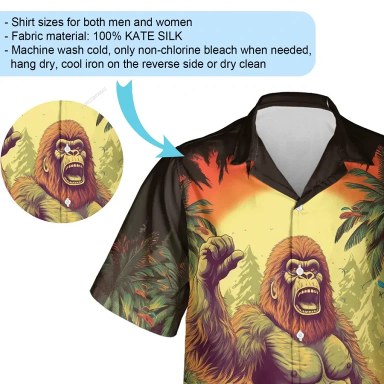 Bigfoot Unisex Hawaiian Shirts, Tropical Forest Flag Pattern Shirt, Pine Tree Printed Aloha Shirt, Casual Beach Shirt, Funny Sasquatch Shirt