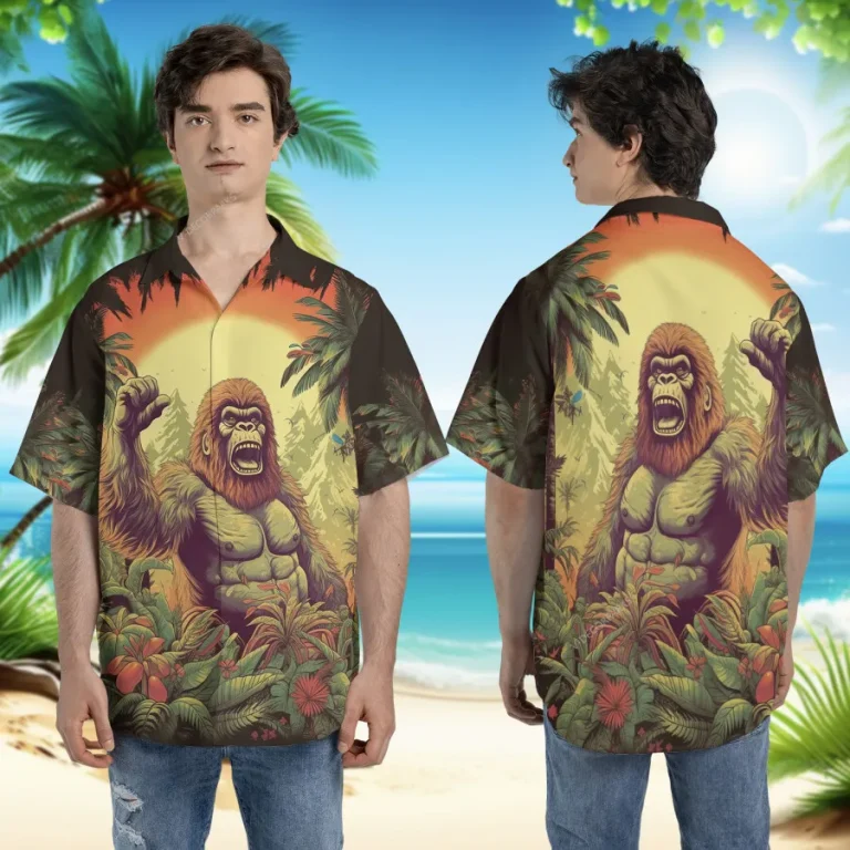 Bigfoot Unisex Hawaiian Shirts, Tropical Forest Flag Pattern Shirt, Pine Tree Printed Aloha Shirt, Casual Beach Shirt, Funny Sasquatch Shirt