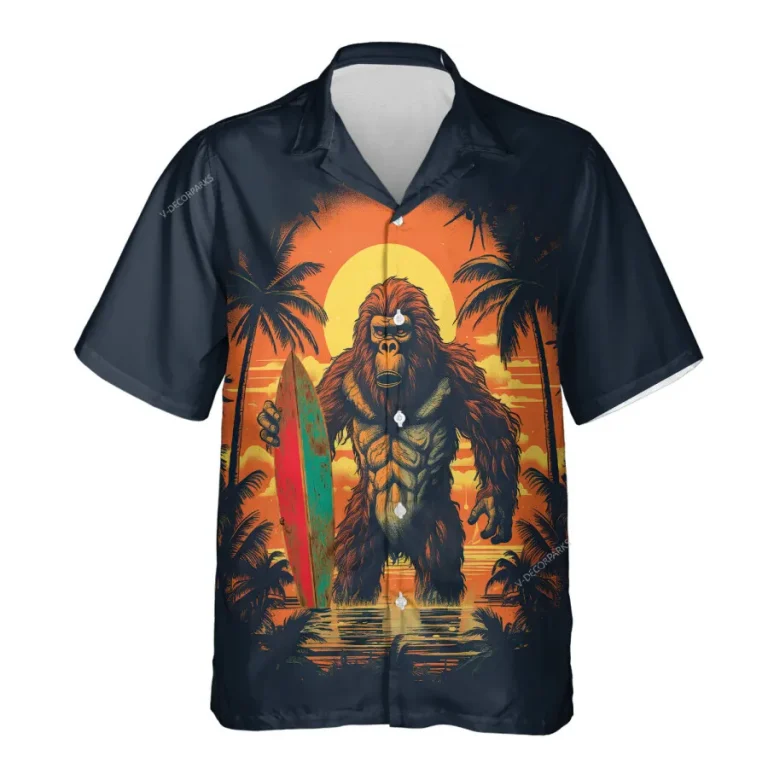 Bigfoot Sunset Unisex Hawaiian Shirts, Sasquatch Surfing Pattern Shirt, Palm Tree Printed Aloha Shirt, Casual Wear, Funny Beach Shirt