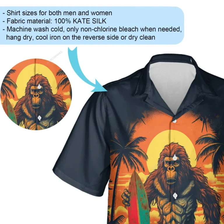 Bigfoot Sunset Unisex Hawaiian Shirts, Sasquatch Surfing Pattern Shirt, Palm Tree Printed Aloha Shirt, Casual Wear, Funny Beach Shirt