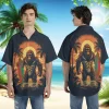 Bigfoot Sunset Unisex Hawaiian Shirts, Sasquatch Surfing Pattern Shirt, Palm Tree Printed Aloha Shirt, Casual Wear, Funny Beach Shirt
