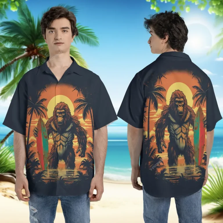 Bigfoot Sunset Unisex Hawaiian Shirts, Sasquatch Surfing Pattern Shirt, Palm Tree Printed Aloha Shirt, Casual Wear, Funny Beach Shirt