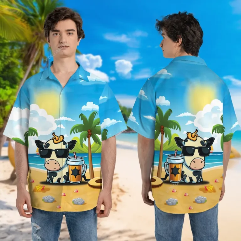 Cool Dairy Cow Unisex Aloha Beach Shirt, Animated Cattle 3d Printed Hawaiian Button Down Shirt, Summer Beach Short Sleeves, Sea Lover Clothing