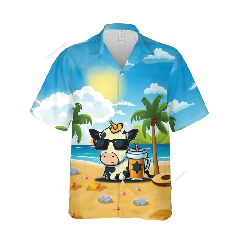 Cool Dairy Cow Unisex Aloha Beach Shirt, Animated Cattle 3d Printed Hawaiian Button Down Shirt, Summer Beach Short Sleeves, Sea Lover Clothing