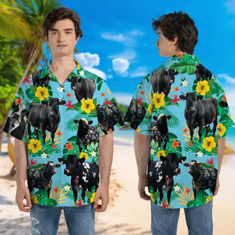 Funny Black Angus Unisex Hawaiian Shirt, Farm Animal 3d Printed Aloha Button Down Shirt, Cattle Lover Gift, Floral Beach Shirt, Casual Clothing