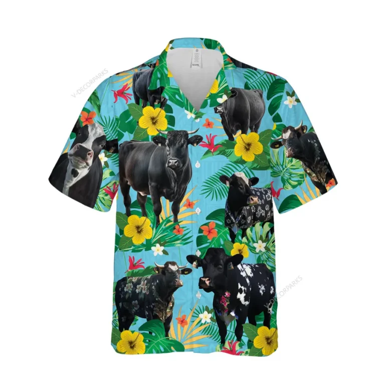 Funny Black Angus Unisex Hawaiian Shirt, Farm Animal 3d Printed Aloha Button Down Shirt, Cattle Lover Gift, Floral Beach Shirt, Casual Clothing