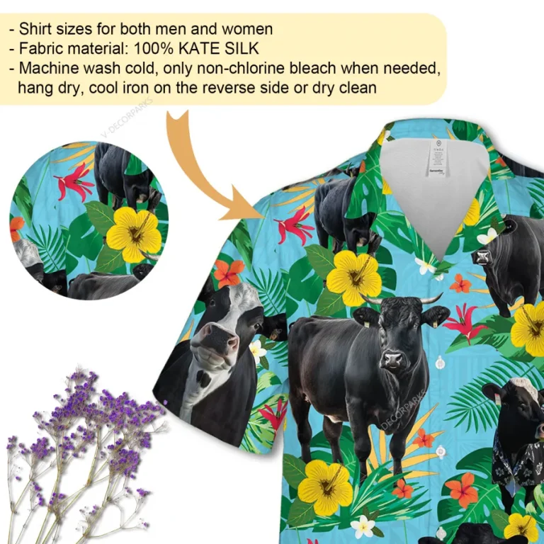 Funny Black Angus Unisex Hawaiian Shirt, Farm Animal 3d Printed Aloha Button Down Shirt, Cattle Lover Gift, Floral Beach Shirt, Casual Clothing