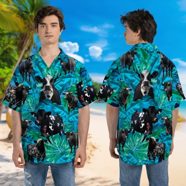 Black Moo Cow Unisex Hawaiian Shirt, Cattle 3d Printed Aloha Button Down Shirt, Tropical Leaves Pattern Summer Beach Shirt, Casual Clothing